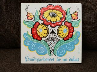 Swedish Berggren Folk Art Tile " Smorgasborg Is Ready " 6 " Square Signed