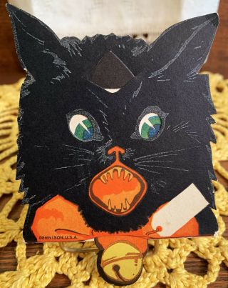 Rare Vintage Halloween Black Cat Mechanical Diecut Tally Card,  Dennison 1920s