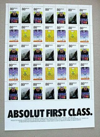 Rare Absolut Vodka Stamp Sheet Ad Andy Warhol Keith Haring Kenny Scharf 1990
