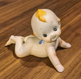 Vintage Bisque Porcelain Kewpie Doll Laying Baby Figurine Blue Wings