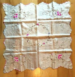 Antique Wwi Early 1900s White Silk Pink Floral Embroidered Neck Scarf 25 " Square