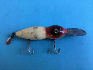 Vintage Unmarked 4 - 1/2 " Wood Fishing Lure With Glass Eyes And Large Metal Lip