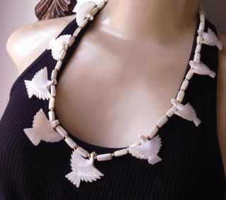 Vintage Fetish Necklace Rare 9 Hand Carved Mother Of Pearl Phoenix Bird Charms