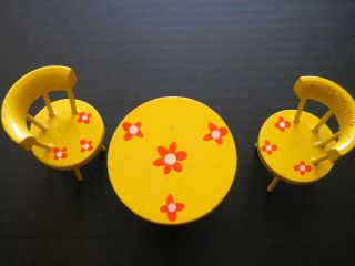 Vintage Miniature Dollhouse Wood Table & 2 Chairs,  Yellow Daisy