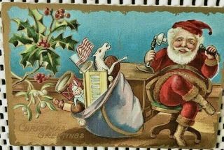 Antique Embossed Christmas Postcard Santa Claus Gold Fur Phone Flag Drum Horse F