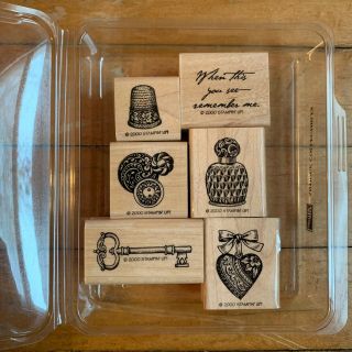 Stampin’ Up Antique Collectables 2000 Wood Mount Rubber Stamp Set Key Thimble