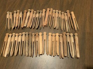 41 Vintage Wooden Clothes Pins Round Head Flat Top 4 " Long Patina