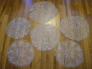 6 Pc Set Vintage Hand Crochet Antique White Dainty Round Pinwheel Cotton Doilies