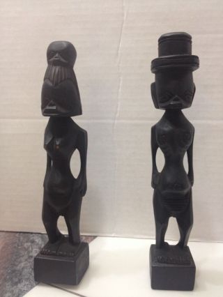 Dark Wood Hand Carved Africa Man And Woman Pair Statue Rare Vtg