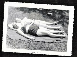 Antique Vintage Photograph Two Sexy Women In Bathing Suits Sunbathing