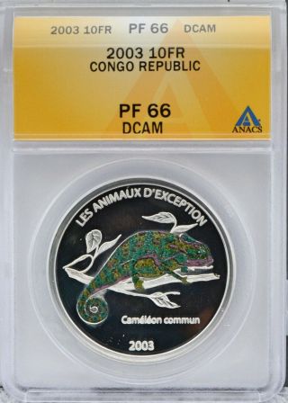 Congo 2003 10 Francs Rare Silver Proof Coin Multi Colored Chameleon Anacs Pf66