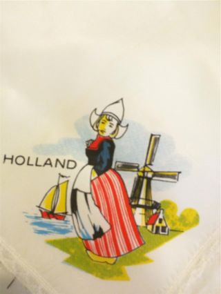 Vintage Souvenir Handkerchief Holland Dutch Girl Windmill Wooden Shoes Lace Trim