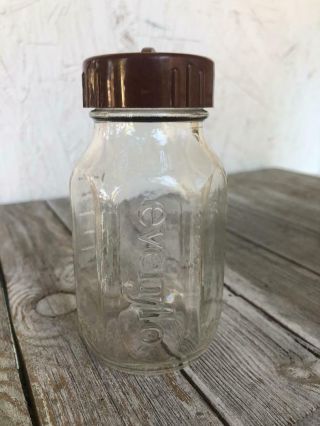 Vintage Clear Glass Evenflo Baby Bottle 4 Oz Brown Screw Top Ring W/ Lid