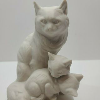 Vintage Rouse Parian Signed Mother Cat & 2 Kittens Figurine French Bisque Rare
