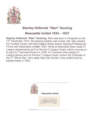 Stan Docking Newcastle United 1934 - 1937 Extremely Rare Orig Hand Signed Cutting