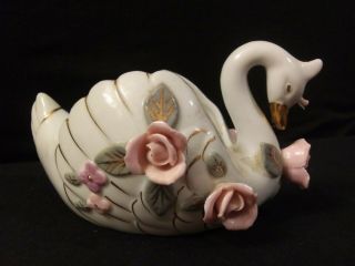 Vintage Porcelain Swan Trinket Dish White With Pink Roses Gold Trim Marked L - 48