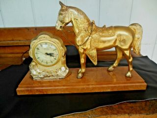 Vintage Rare Western Themed Gold Cast Metal Horse And United Electric Clock