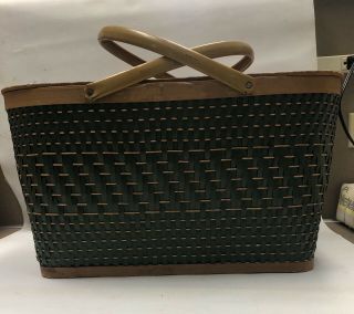 Vintage Rare Large Green Wicker Picnic Basket With Metal Handles