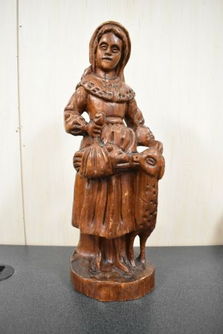 Vintage Hand Carved German Black Forest Wood Girl W/ Lamb Figurine 14 "