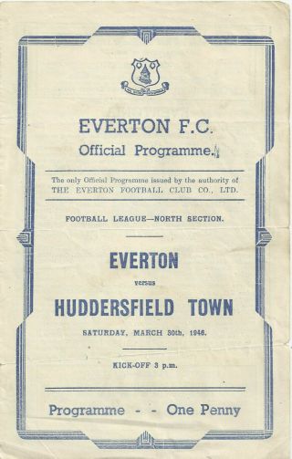 Rare Football League (north) Programme Everton V Huddersfield Town 1946