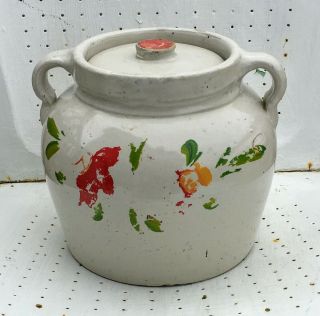 Cookie Jar Old Vintage Primitive Stoneware Pottery Flowers Handmade Rare Rustic