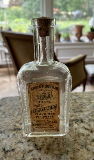 Antique Green Mountain Kimball Peppermint Extract Bottle Enosberg Falls Vt