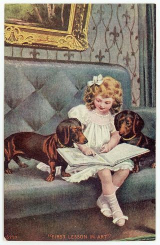 Antique 1903 Postcard Little Girl W Dachshund Dogs & Book First Lesson In Art