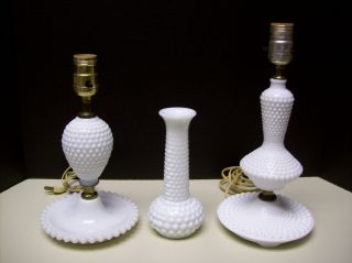 " Rare " Vintage White Milk Glass Hobnail Table Lamps Lights & Vase