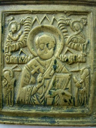Antique XVIII - XIXc Russian Hand Made BRONZE Small Icon Saint Nicholas RARE 3