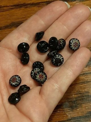 Vintage Antique Black Czech Glass Buttons Set Of 15 Small 3/8in Art Deco