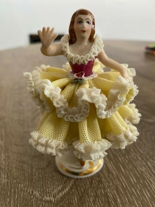 Antique Dresden Germany Yellow/white Lace Porcelain Ballerina Figurine Doll