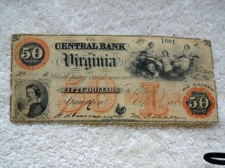 1860 $50 The Central Bank Of Virginia Rare Signed Note