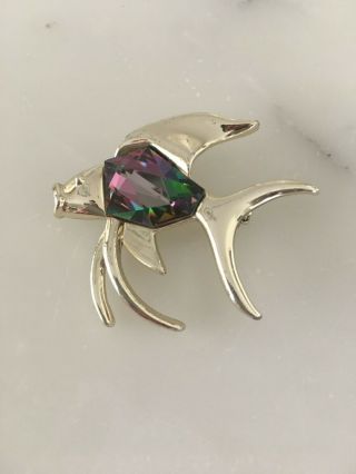 Vintage Sarah Coventry Gold Stone Fish Brooch Pin With Watermelon Rhinestone