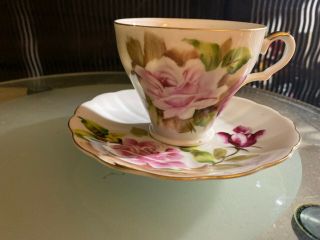 Vintage Tea Cup And Saucer Set Purple & Pink Rose Hand Painted Japan