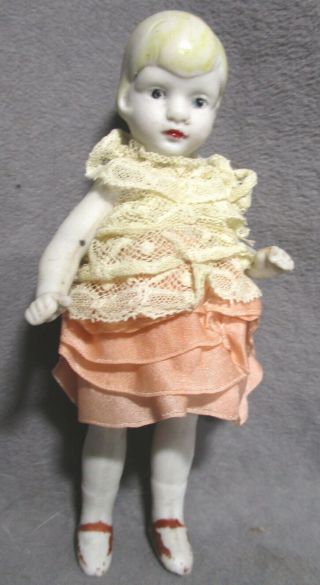 Vintage 5 " Bisque Doll - Little Girl In Ruffled Dress - Made In Japan