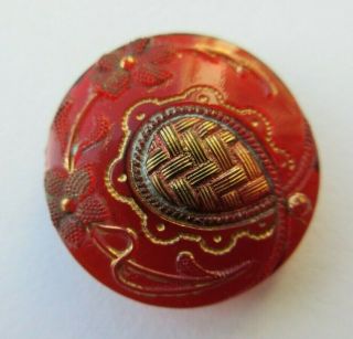 Elegant Antique Vtg Victorian Lacy Ruby Red Glass Button W/ Gold Luster (z)