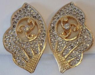 Rare Vintage Nettie Rosenstein Gold Plate Rhinestone Butterfly Wing Earrings