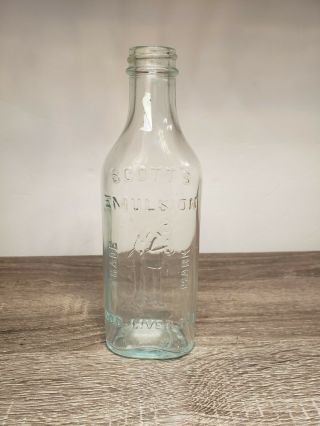 Vintage Scott’s Emulsion Cod Liver Oil Lime Embossed Medicine Antique Bottle
