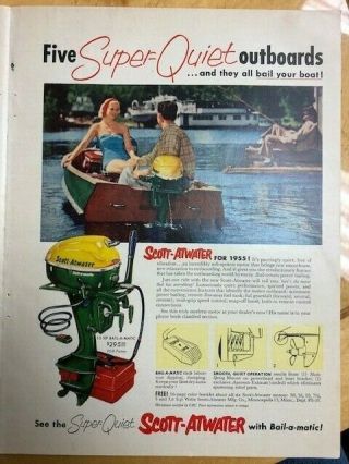 3 Vintage Color 1955 EVINRUDE,  WIZARD WESTERN AUTO,  SCOTT - ATWATER OUTBOARD ADS 2