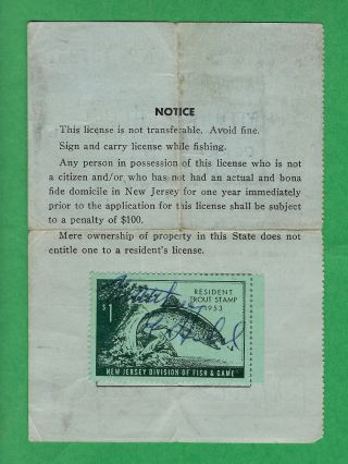 Jersey $1.  00 Trout Stamp Attached To 1953 Fishing License,  Fine.  Nj