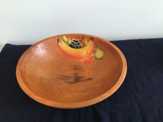 Vintage 12 3/4” Wooden Footed Bowl With Hand Painted Colorful Fruit