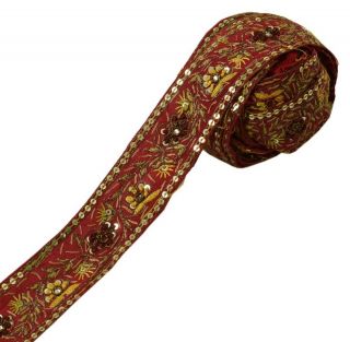 Antique Vtg Sari Border Indian Craft Trim Hand Embroidered Maroon Lace Ribbon