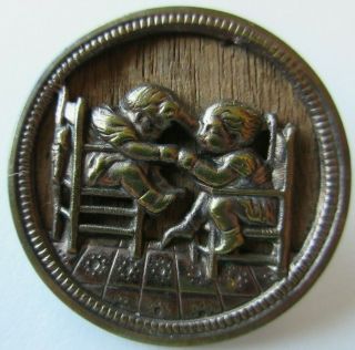 Deluxe Rare Xl Antique Wood Back Metal Picture Button Children Pulling Hair (m)
