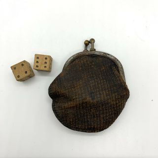 Vintage Antique Wooden Miniature Dice And Mini Dice Bag Purse