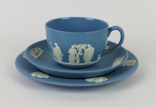 Rare Vintage Wedgwood Blue & White Jasperware Trio - Cup,  Saucer & Plate