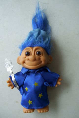Vintage Russ Troll Doll 5 " Tall Blue Star Fabric Outfit With Hat & Hair Toy