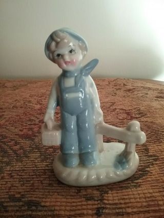 Vintage Porcelain Blue Boy With Lunchbox By Figurine By Lego,  Japan