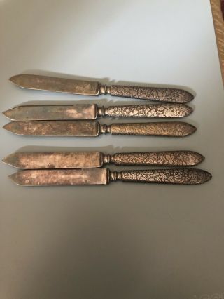 Set Of 5,  Old Vintage R.  Wallace & Sons Silver Fruit Knives - Unique Repousse