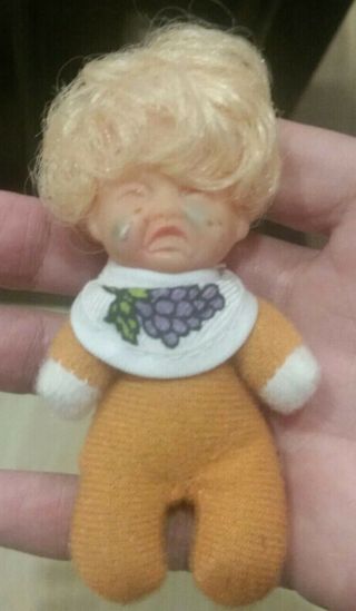 Vintage Miniature 3.  5 " Bean Bag Doll With Crying Face Blonde Hair Yellow Outfit