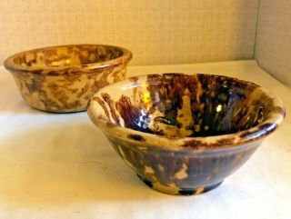 2 Small Primitive Vintage Brown Spatterware Spongeware Pottery Stoneware Bowls